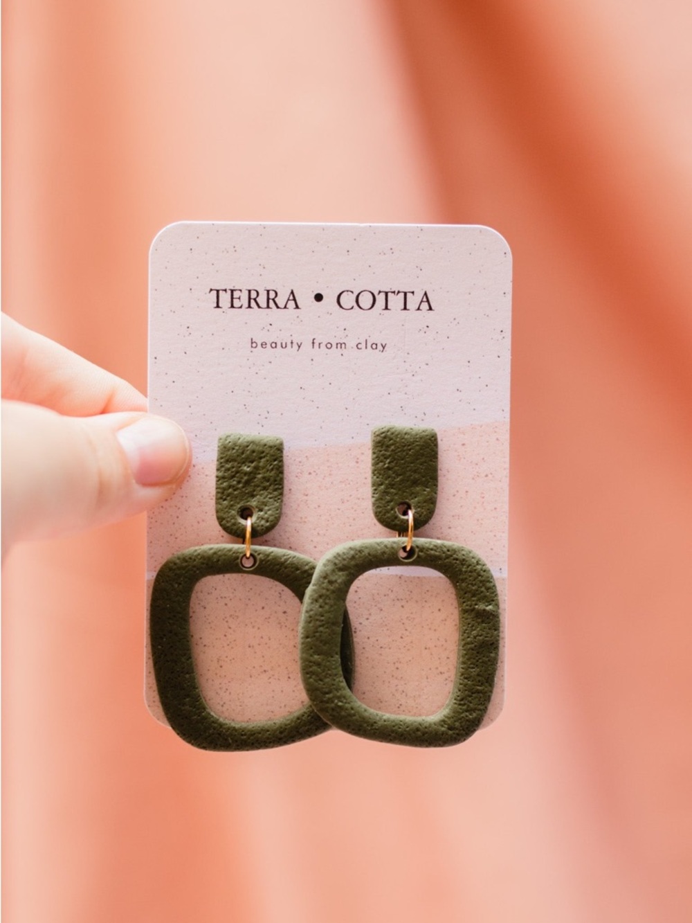 Terra Cotta Olive Green Geometric Clay Earrings - Picture 2 of 2